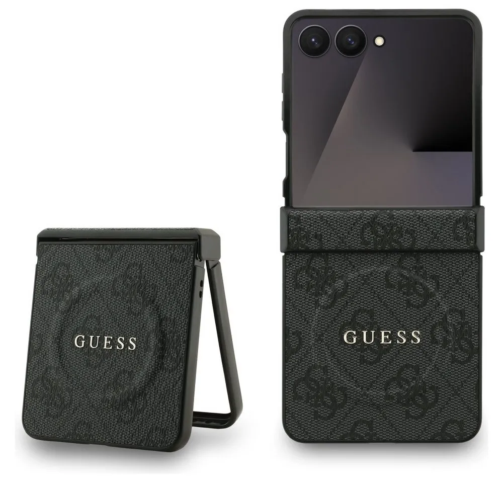 Guess Handyhülle Galaxy Z Flip7 MagSafe Muster Kunstleder grau Logo goldfarben 6,9 Zoll, Kantenschutz