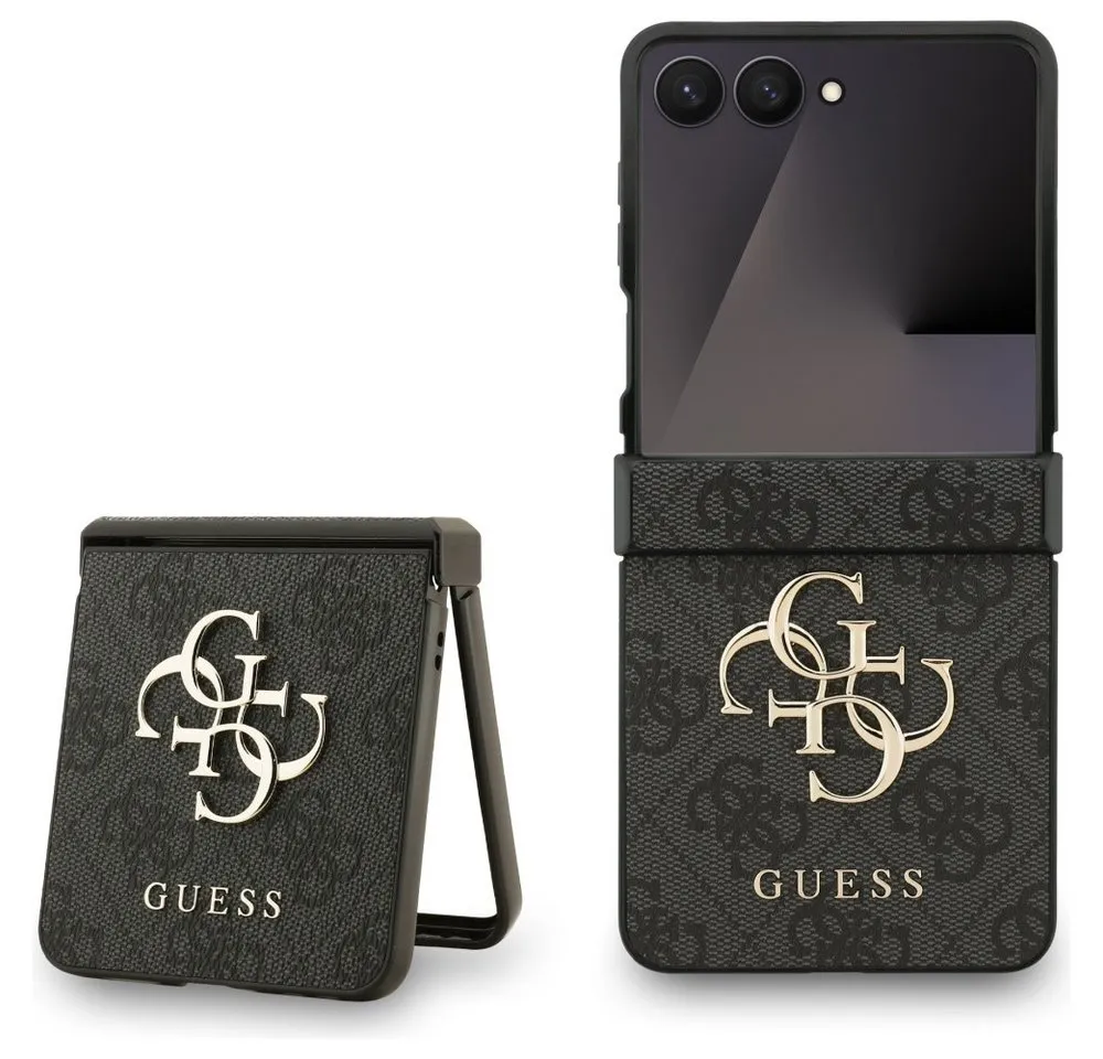 Guess Handyhülle Galaxy Z Flip7 Muster Kunstleder grau Big Logo goldfarben 6,9 Zoll, Kantenschutz
