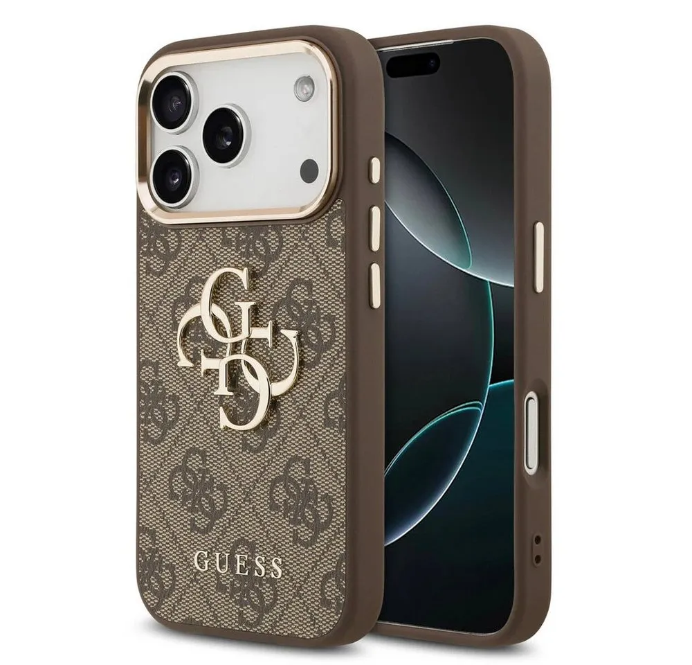 Guess Handyhülle GUESS Case für iPhone 17 Pro Max Metal Logo Gold Hülle Cover Braun