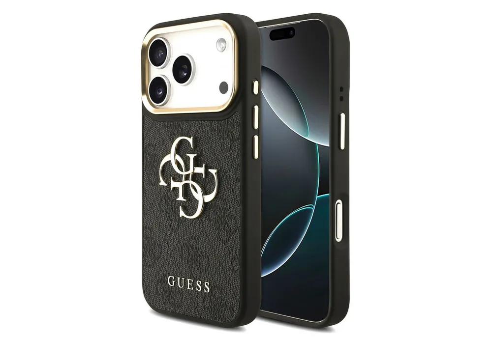 Guess Handyhülle GUESS Case für iPhone 17 Pro Metal Logo Gold Hülle Cover Schwarz