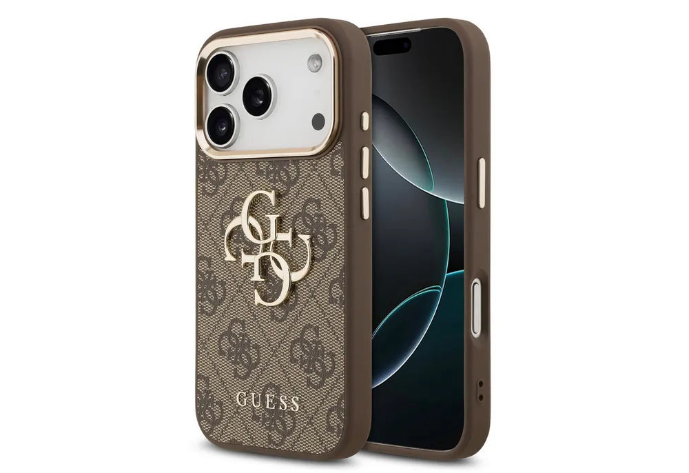 Guess Handyhülle GUESS Case für iPhone 17 Pro Metal Logo Gold Hülle Cover Braun