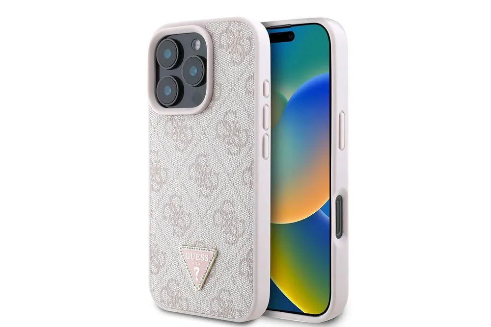 Guess Handyhülle GUESS Case iPhone 16 Pro Strass Triangle Logo Hülle Cover rosa