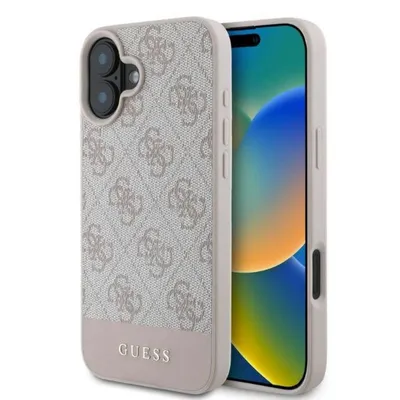 Guess Handyhülle iPhone 16 Kunstleder Muster rosa Logo Schrift goldfarbig