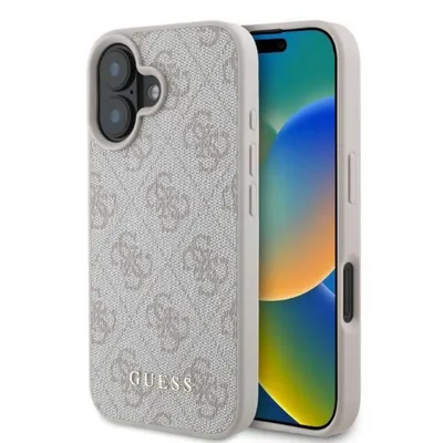 Guess Handyhülle iPhone 16 Kunstleder Muster rosa Schrift goldfarbig 6,1 Zoll, Kantenschutz