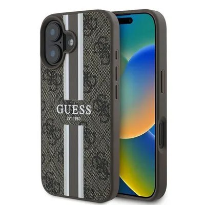 Guess Handyhülle iPhone 16 Plus Kunstleder Muster braun Logo goldfarbig MagSafe 6,7 Zoll, Kantenschutz