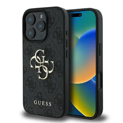 Guess Handyhülle iPhone 16 Pro grau Big Logo goldfarben Metall 6,3 Zoll, Kantenschutz