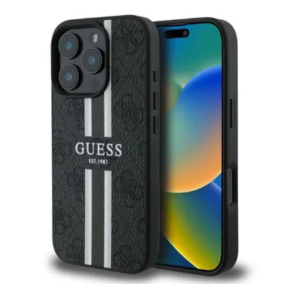 Guess Handyhülle iPhone 16 Pro Kunstleder grau mit Logo Muster Streifen MagSafe 6,3 Zoll, Kantenschutz
