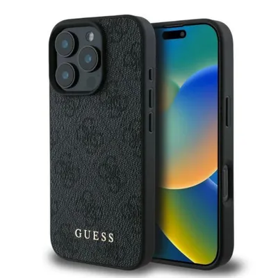 Guess Handyhülle iPhone 16 Pro Max Kunstleder grau Muster Logo goldfarbig 6,9 Zoll, Kantenschutz