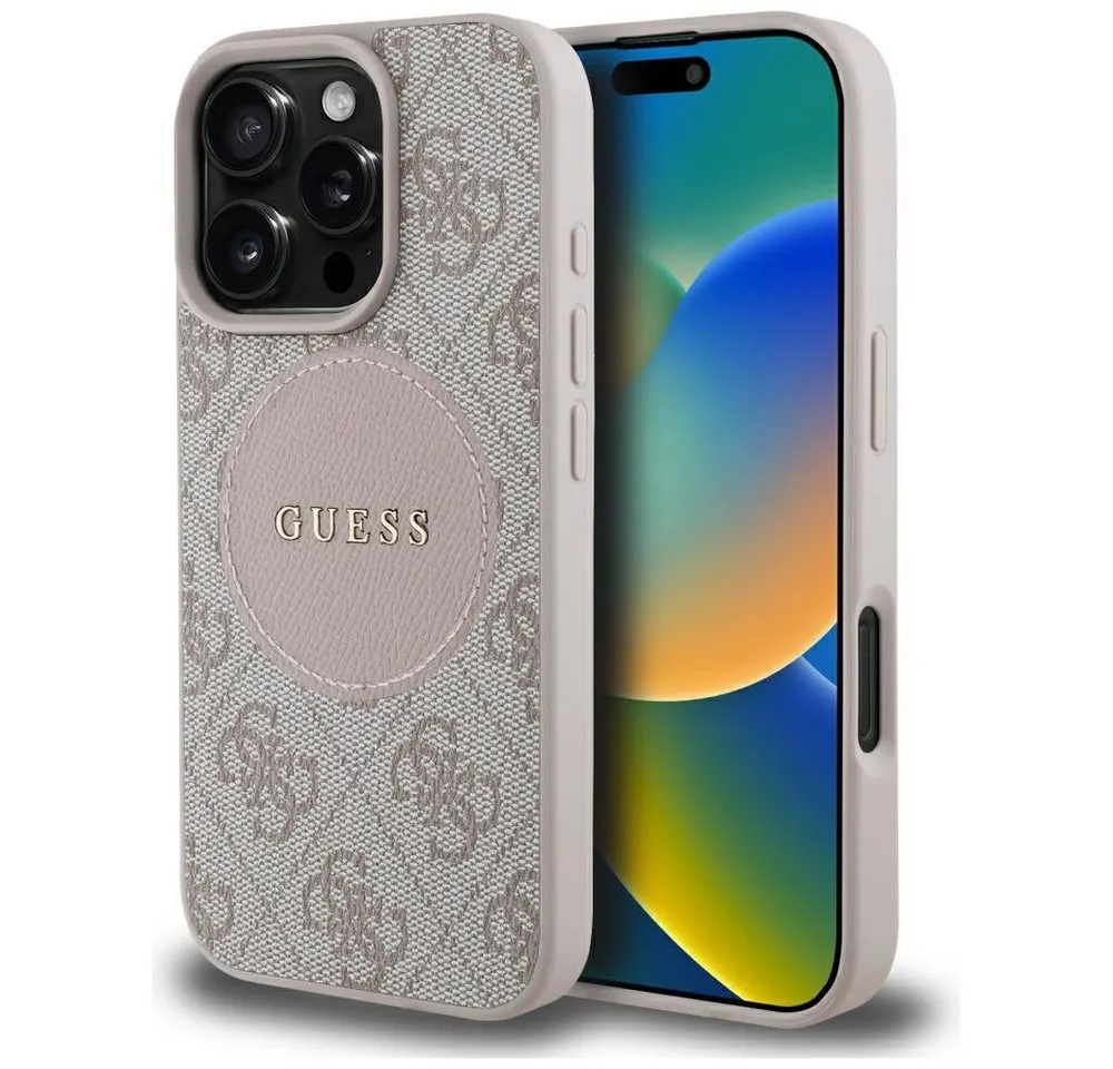 Guess Handyhülle iPhone 16 Pro Max Kunstleder rosa MagSafe Logo goldfarben 6,9 Zoll, Kantenschutz
