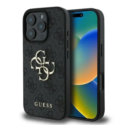 Guess Handyhülle iPhone 16 Pro Max Kunstleder grau Big Logo goldfarbig 6,9 Zoll, Kantenschutz