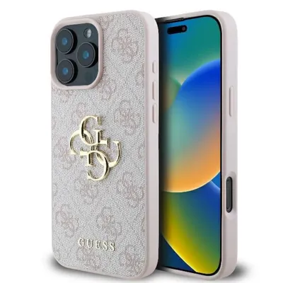 Guess Handyhülle iPhone 16 Pro rosa Big Logo goldfarben Metall 6,3 Zoll, Kantenschutz