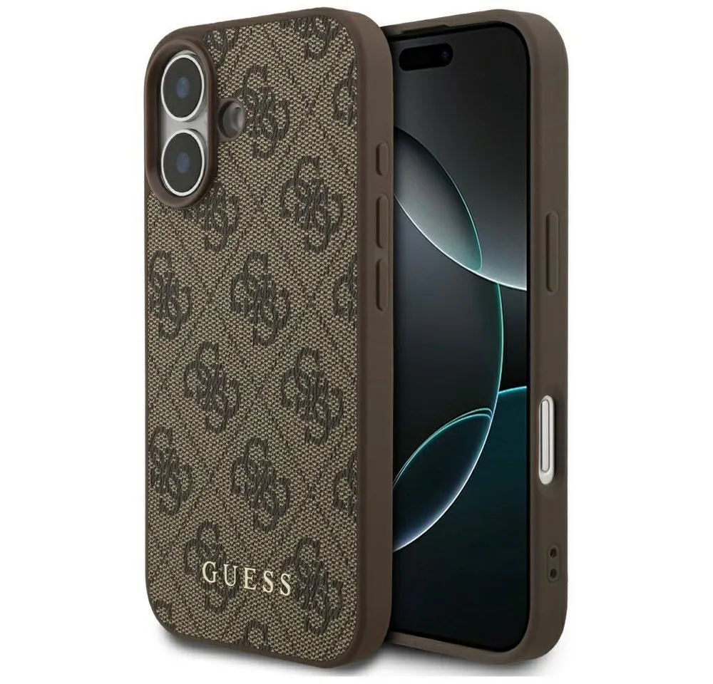 Guess Handyhülle iPhone 17 Kunstleder braun Classic Logo goldfarben Metall 6