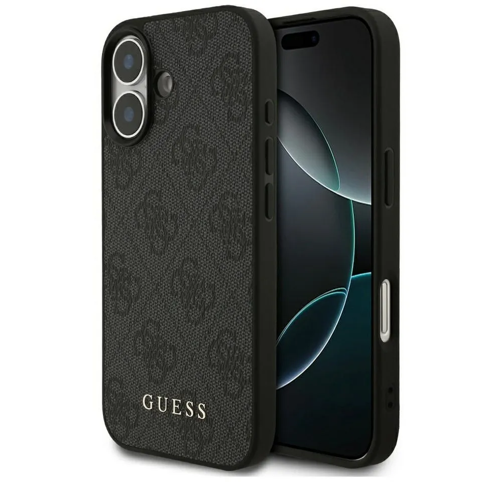 Guess Handyhülle iPhone 17 Kunstleder grau Classic Logo goldfarben Metall 6,3 Zoll, Kantenschutz