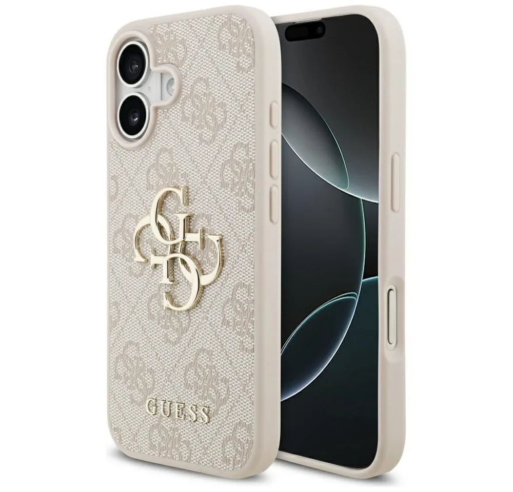 Guess Handyhülle iPhone 17 Kunstleder rosa Big Logo Metall goldfarben 6,3 Zoll, Kantenschutz