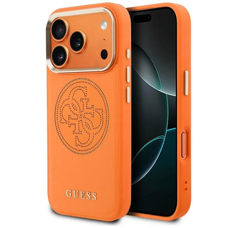 Guess Handyhülle iPhone 17 Pro Guess Kunstleder orange MagSafe kompatibel Logo gelocht 6