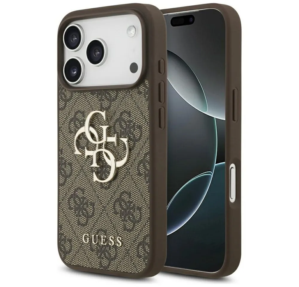 Guess Handyhülle iPhone 17 Pro Kunstleder braun Big Logo Metall goldfarben 6,3 Zoll, Kantenschutz