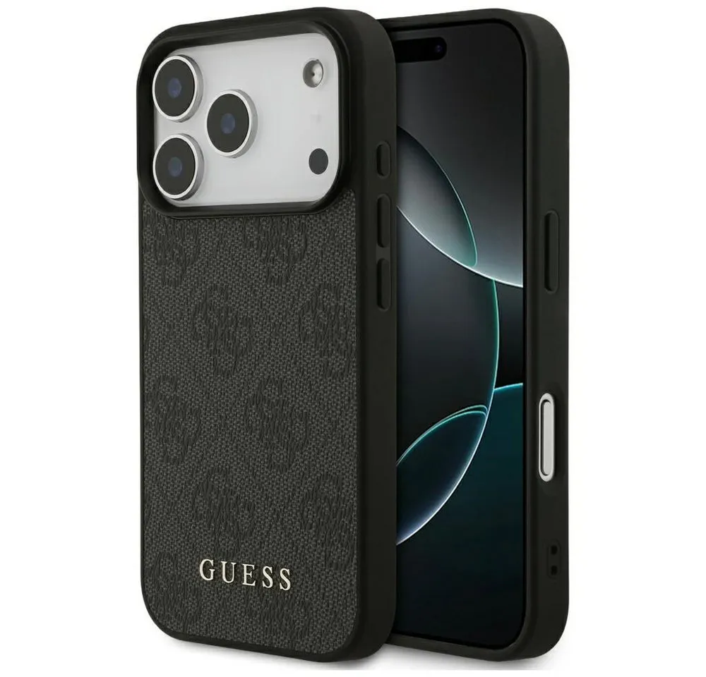 Guess Handyhülle iPhone 17 Pro Kunstleder grau Classic Logo goldfarben Metall 6,3 Zoll, Kantenschutz