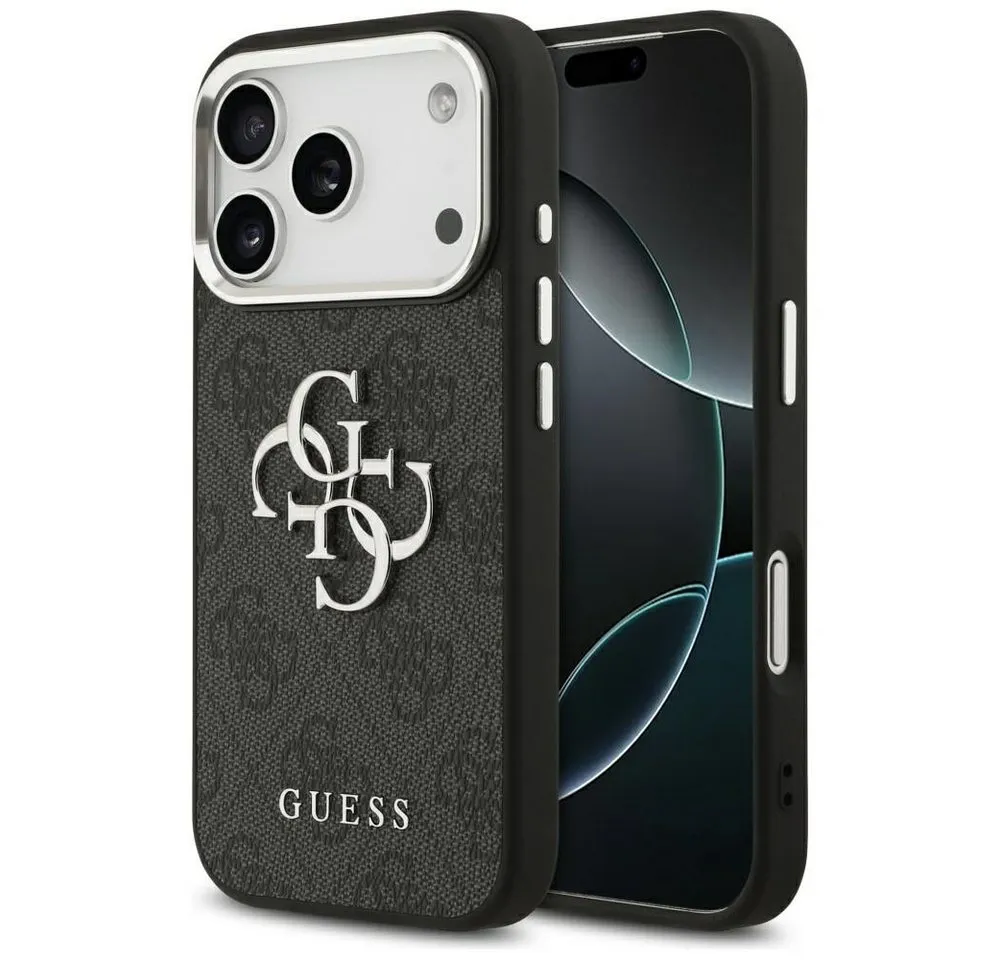 Guess Handyhülle iPhone 17 Pro Kunstleder grau Big Logo Metall silber 6,3 Zoll, Kantenschutz