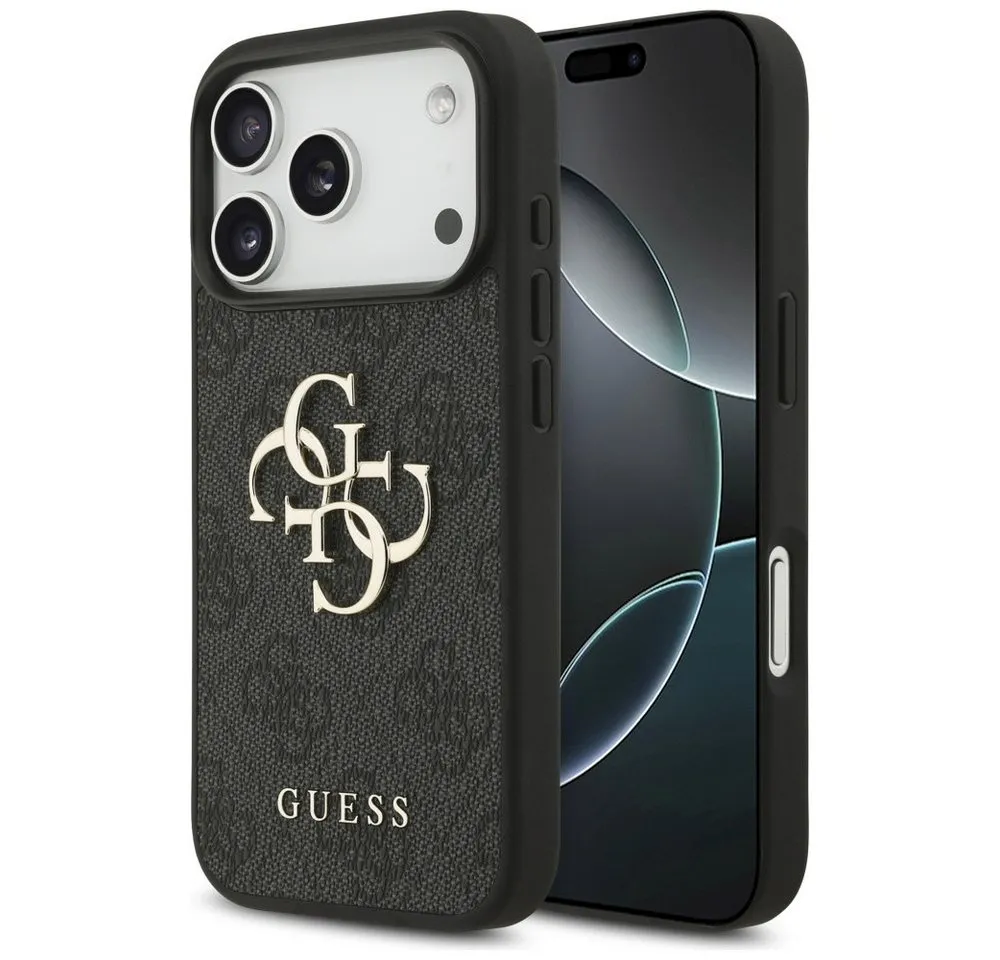 Guess Handyhülle iPhone 17 Pro Kunstleder grau Big Logo Metall goldfarben 6