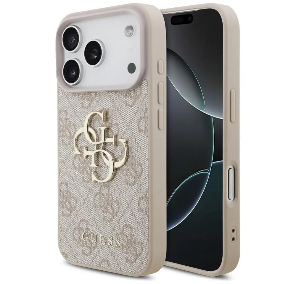 Guess Handyhülle iPhone 17 Pro Kunstleder rosa Big Logo Metall goldfarben 6,3 Zoll, Kantenschutz