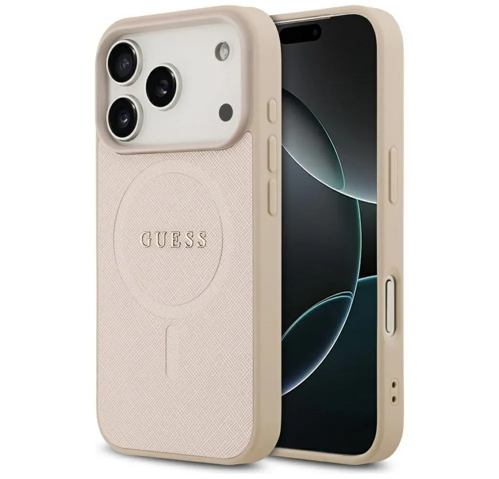 Guess Handyhülle iPhone 17 Pro Kunstleder geprägt rosa Logo goldfarbig MagSafe 6