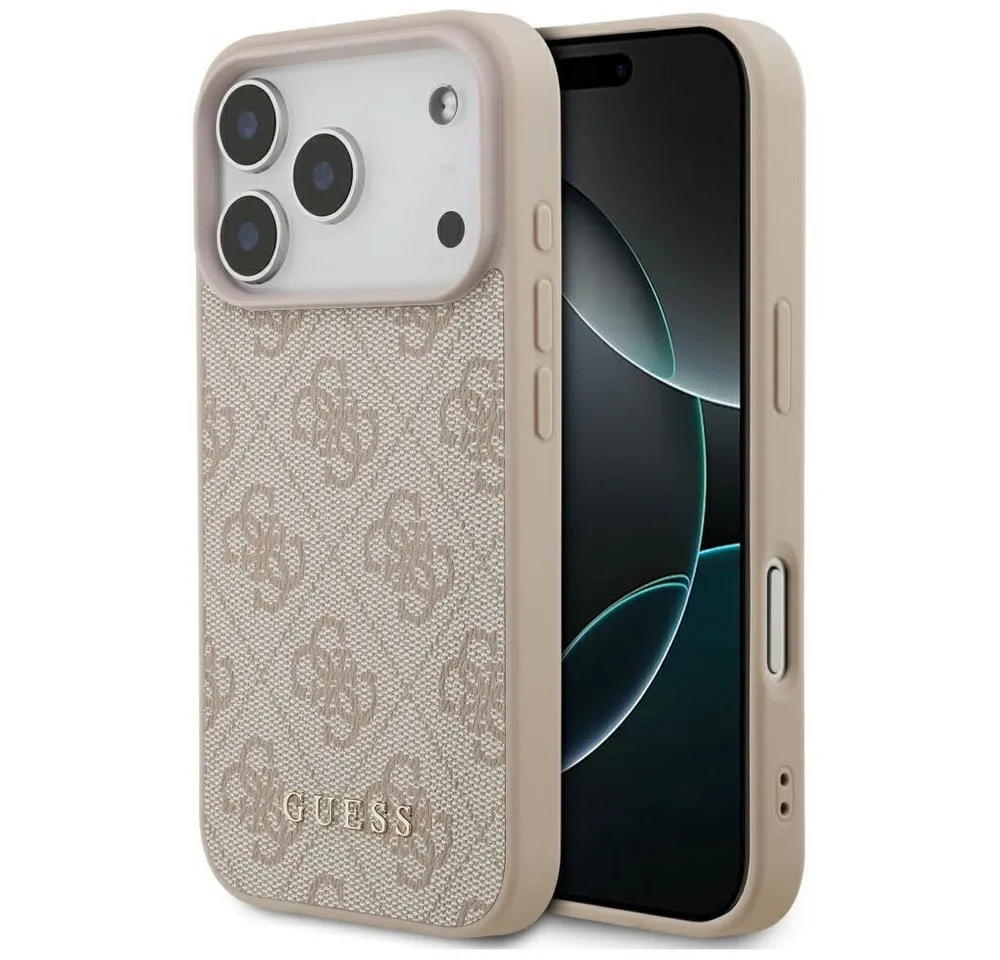 Guess Handyhülle iPhone 17 Pro Kunstleder rosa Classic Logo goldfarben Metall 6,3 Zoll, Kantenschutz