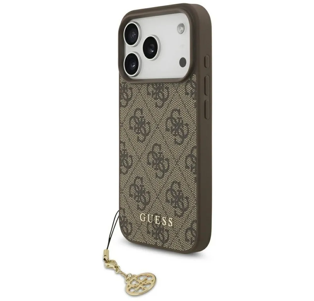 Guess Handyhülle iPhone 17 Pro MagSafe Kunstleder braun mit Kette goldfarbig 6,3 Zoll, Kantenschutz