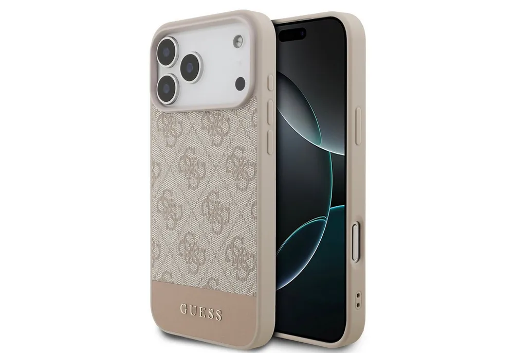 Guess Handyhülle iPhone 17 Pro Max Classic Kunstleder rosa Muster Logo goldfarbig 6,9 Zoll, Kantenschutz