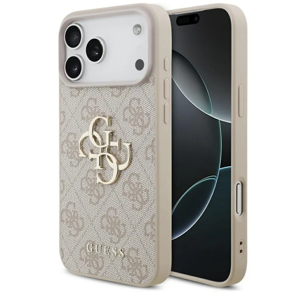 Guess Handyhülle iPhone 17 Pro Max Kunstleder rosa Big Logo Metall goldfarben 6,9 Zoll, Kantenschutz