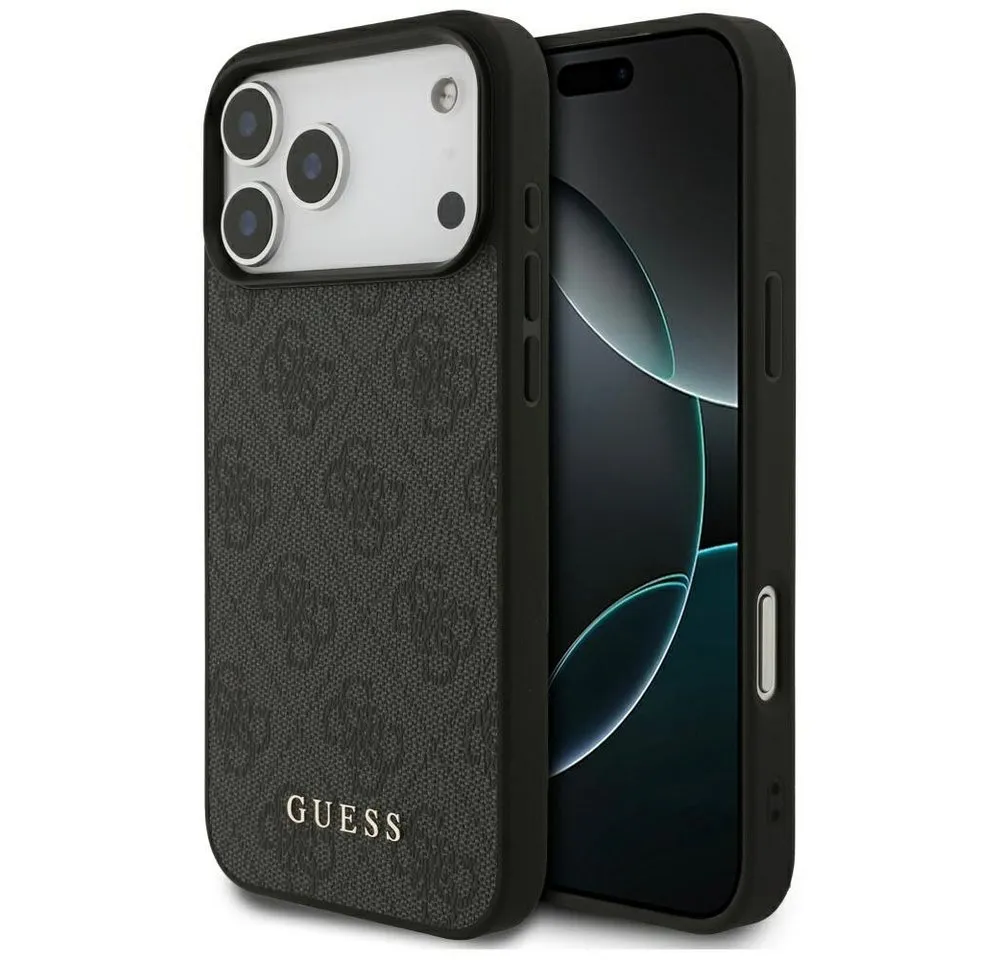Guess Handyhülle iPhone 17 Pro Max Kunstleder grau Classic Logo goldfarben Metall 6,9 Zoll, Kantenschutz