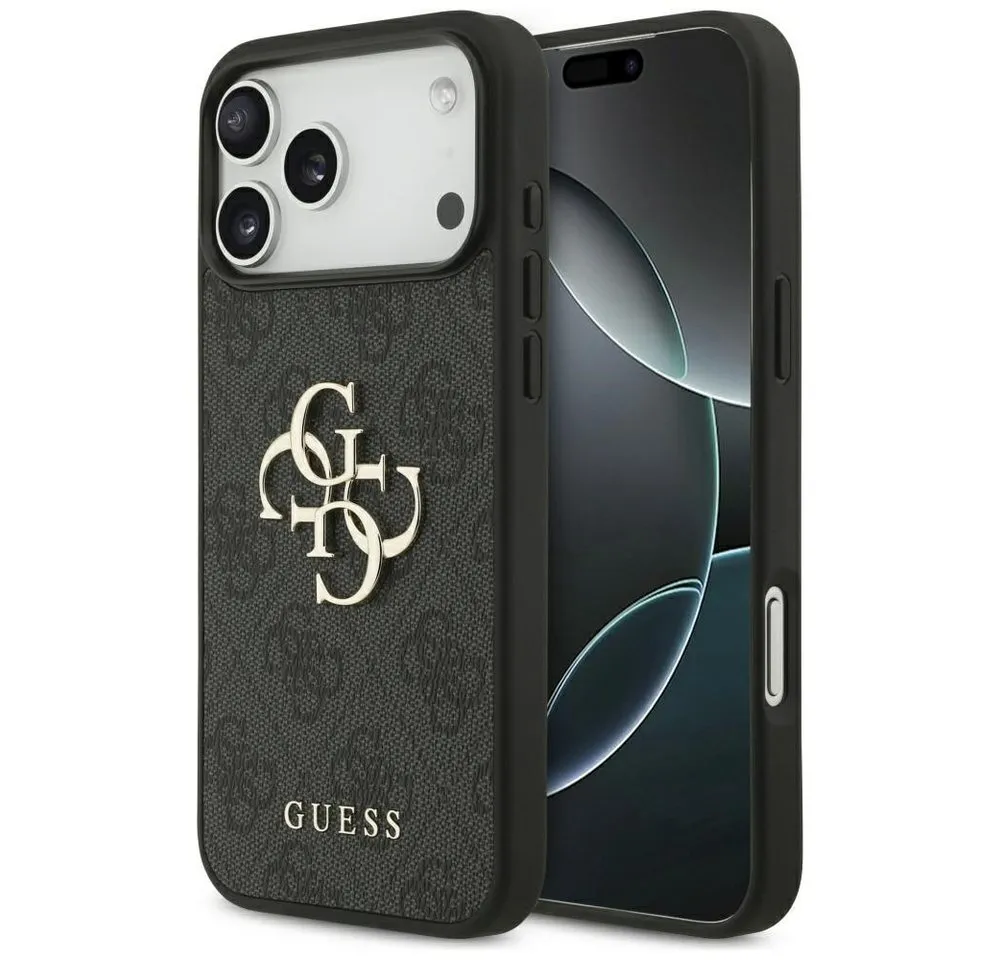 Guess Handyhülle iPhone 17 Pro Max Kunstleder grau Big Logo Metall goldfarben 6