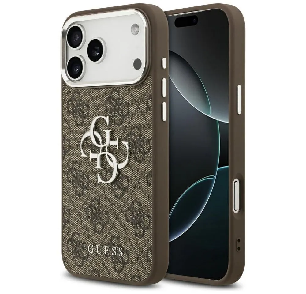 Guess Handyhülle iPhone 17 Pro Max Kunstleder braun Big Logo Metall silber 6,9 Zoll, Kantenschutz