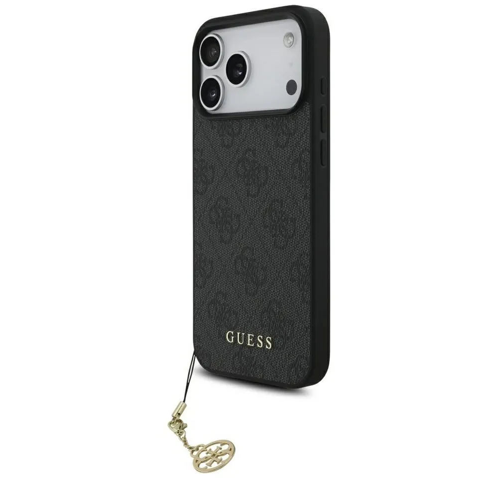 Guess Handyhülle iPhone 17 Pro Max MagSafe Kunstleder grau mit Kette goldfarbig 6,9 Zoll, Kantenschutz