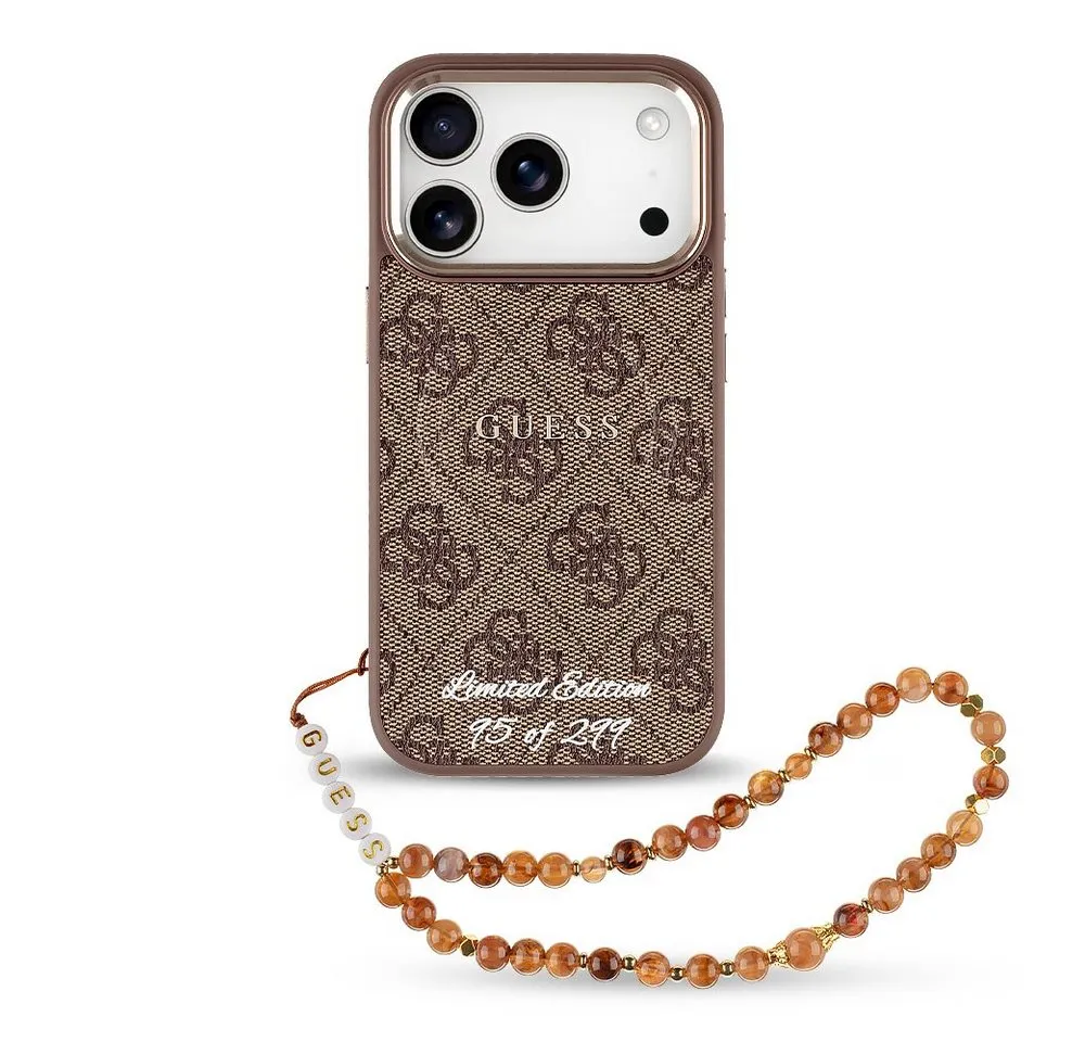 Guess Handyhülle Limited Edition Hülle Case iPhone 17 Pro Kunstleder braun Kette MagSaf 6,3 Zoll, Kantenschutz