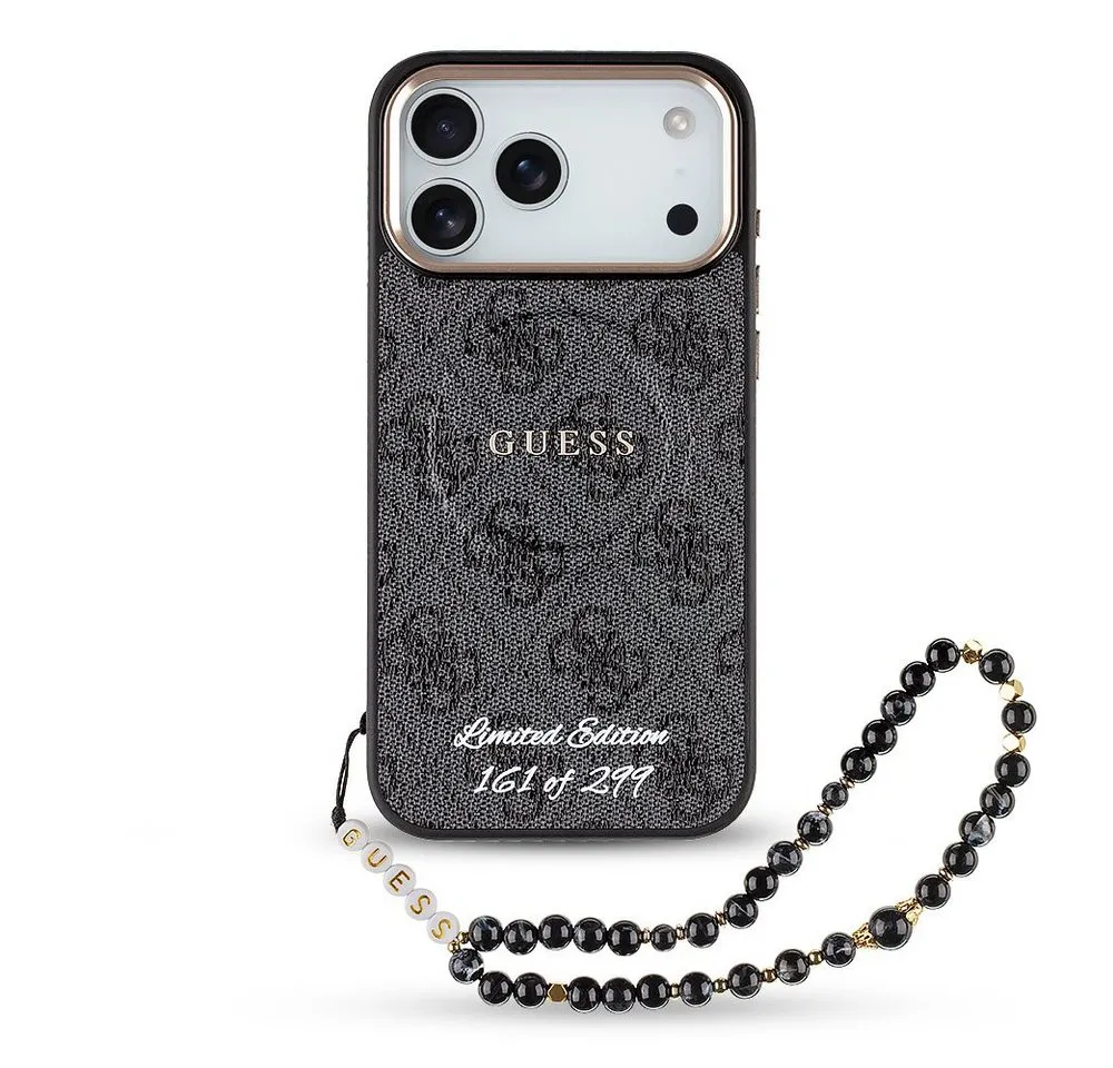 Guess Handyhülle Limited Edition Hülle Case iPhone 17 Pro Max Kunstleder grau Kette Mag 6,9 Zoll, Kantenschutz
