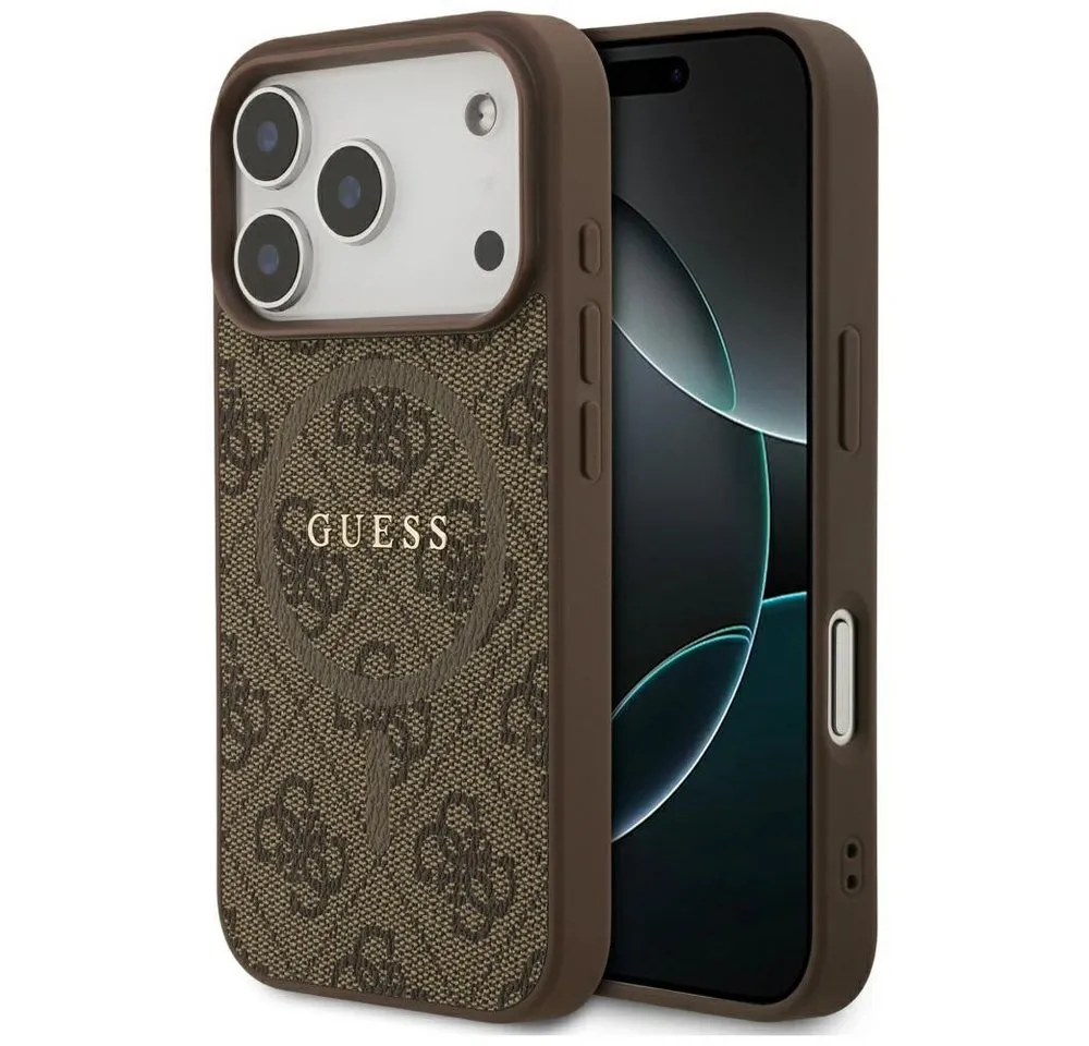 Guess Handyhülle MagSafe iPhone 17 Pro Kunstleder braun Logo Metall goldfarben 6,3 Zoll, Kantenschutz