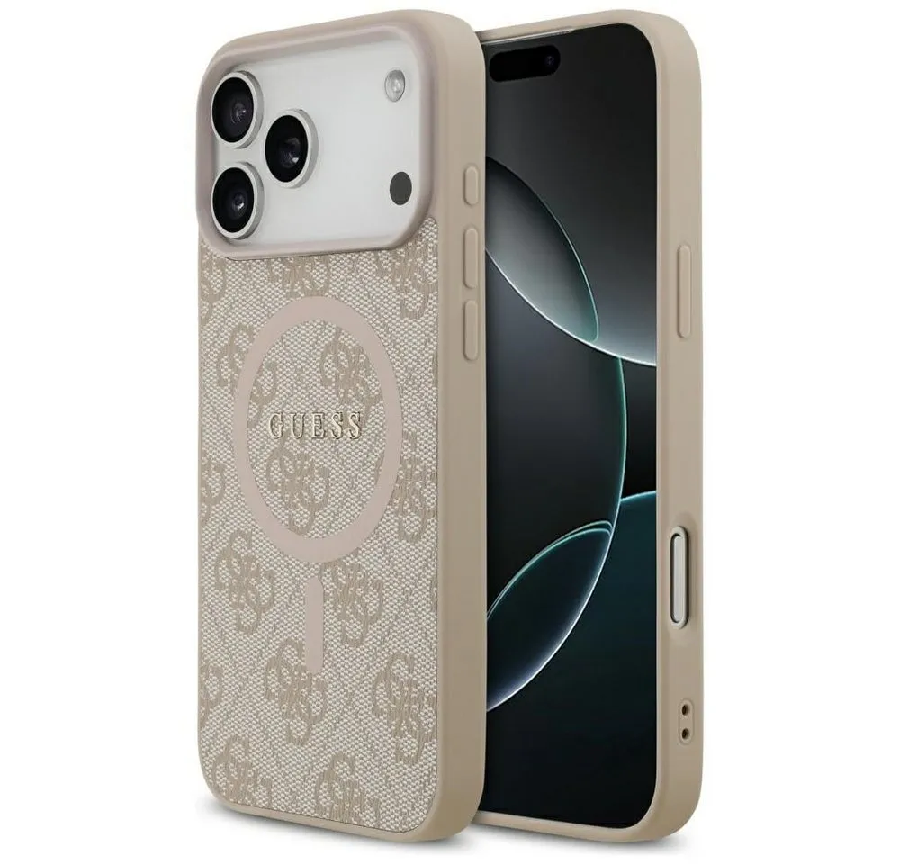 Guess Handyhülle MagSafe iPhone 17 Pro Max Kunstleder rosa Logo Metall goldfarben 6,9 Zoll, Kantenschutz