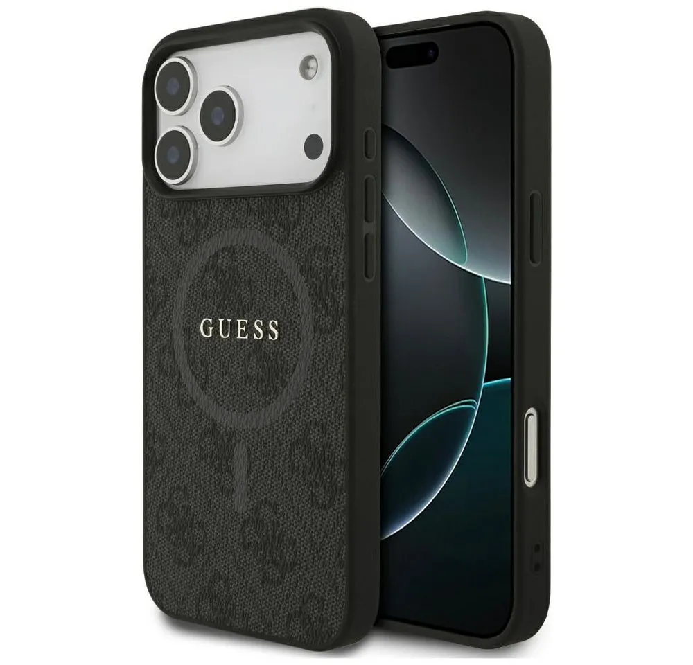 Guess Handyhülle MagSafe iPhone 17 Pro Max Kunstleder grau Logo Metall goldfarben 6,9 Zoll, Kantenschutz