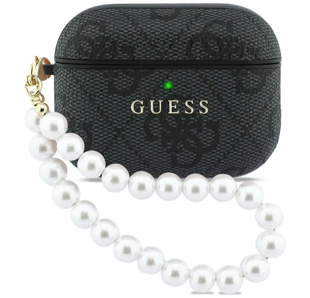Guess Kopfhörer-Schutzhülle Case AirPods Pro 3 Kunstleder grau Logo goldfarben mit Kette, Kantenschutz
