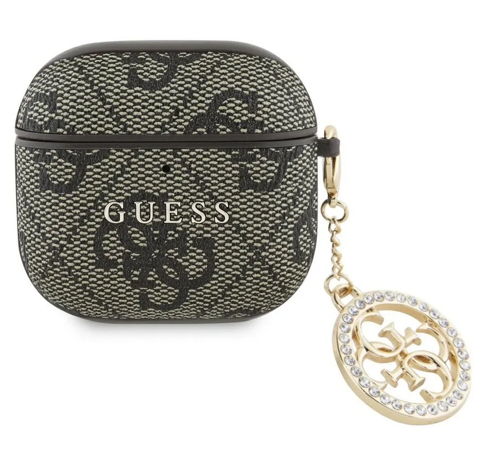 Guess Kopfhörer-Schutzhülle Case AirPods 4 Kunstleder braun Logo Metal Kette Strass goldfarbig, Kantenschutz