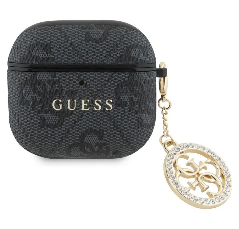 Guess Kopfhörer-Schutzhülle Case AirPods 4 Kunstleder grau Logo Metal Kette Strass goldfarbig, Kantenschutz