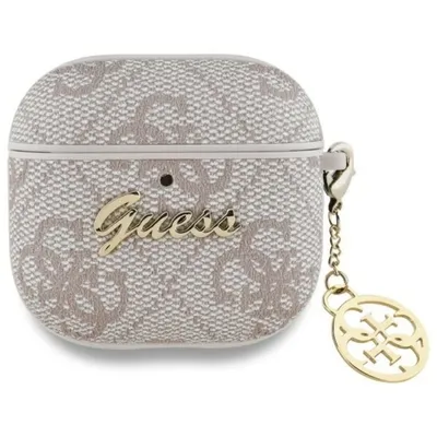 Guess Kopfhörer-Schutzhülle Hülle Case AirPods 4 Kunstleder rosa Logo Metal Kette goldfarbig, Kantenschutz