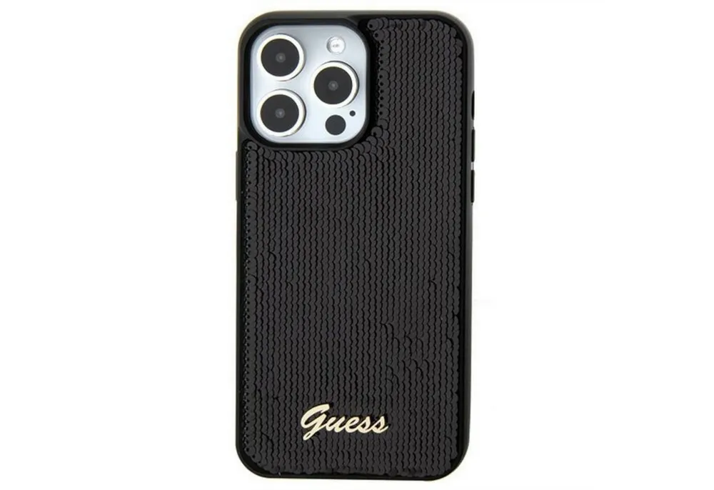 Guess Smartphone-Hülle Guess Apple iPhone 15 Pro Max Schutzhülle Sequin Script Metal Schwarz