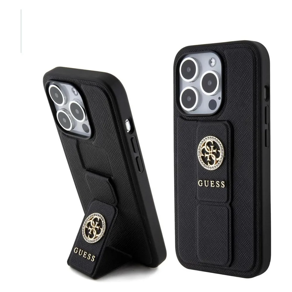 Guess GUHCP15XPGSSADK iPhone 15 Pro Max 6.7" czarny/black hardcase Grip Stand 4G Saffiano Strass
