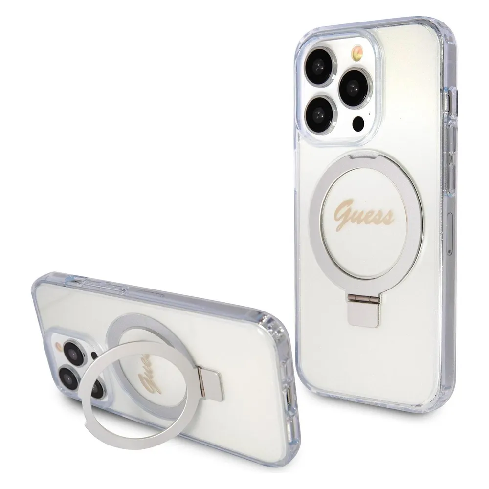Guess GUHMP15LHRSGSD iPhone 15 Pro 6.1" przezroczysty/transparent hardcase Ring Stand Script Glitter