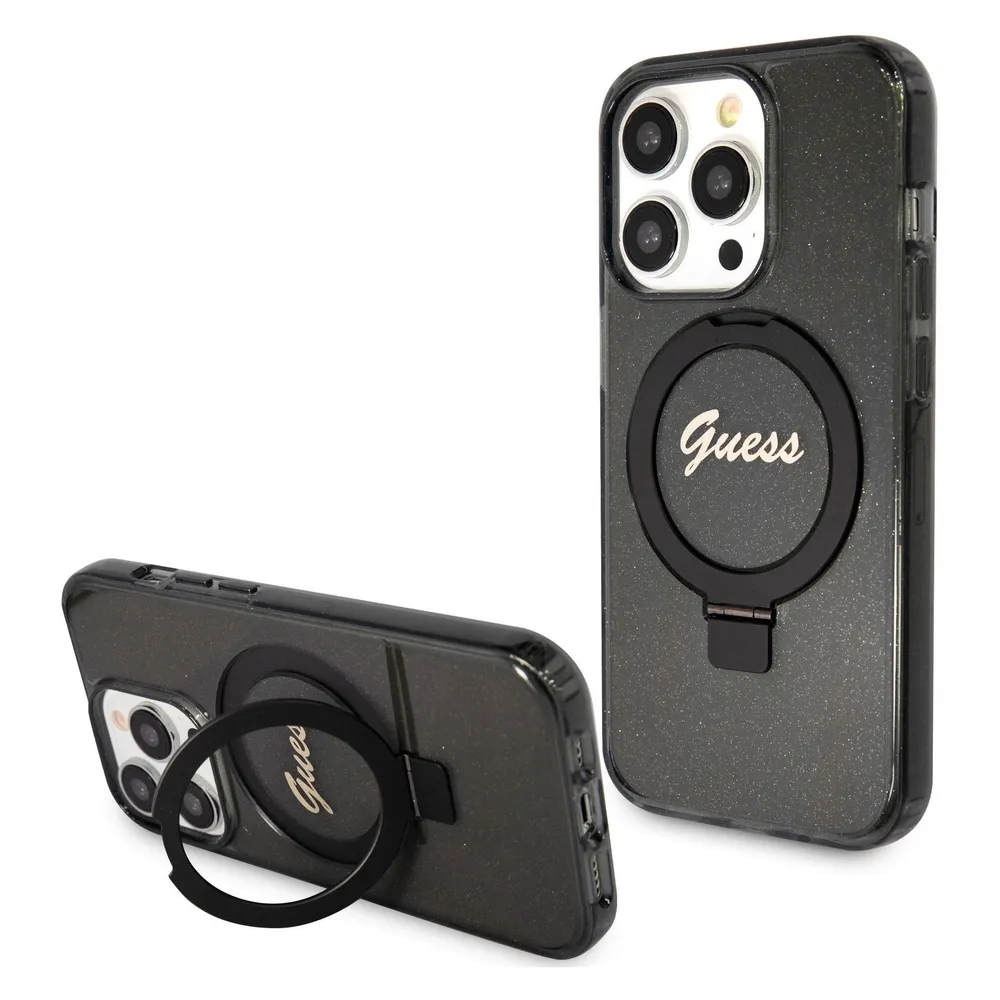 Guess GUHMP15LHRSGSK iPhone 15 Pro 6.1" czarny/black hardcase Ring Stand Script Glitter MagSafe
