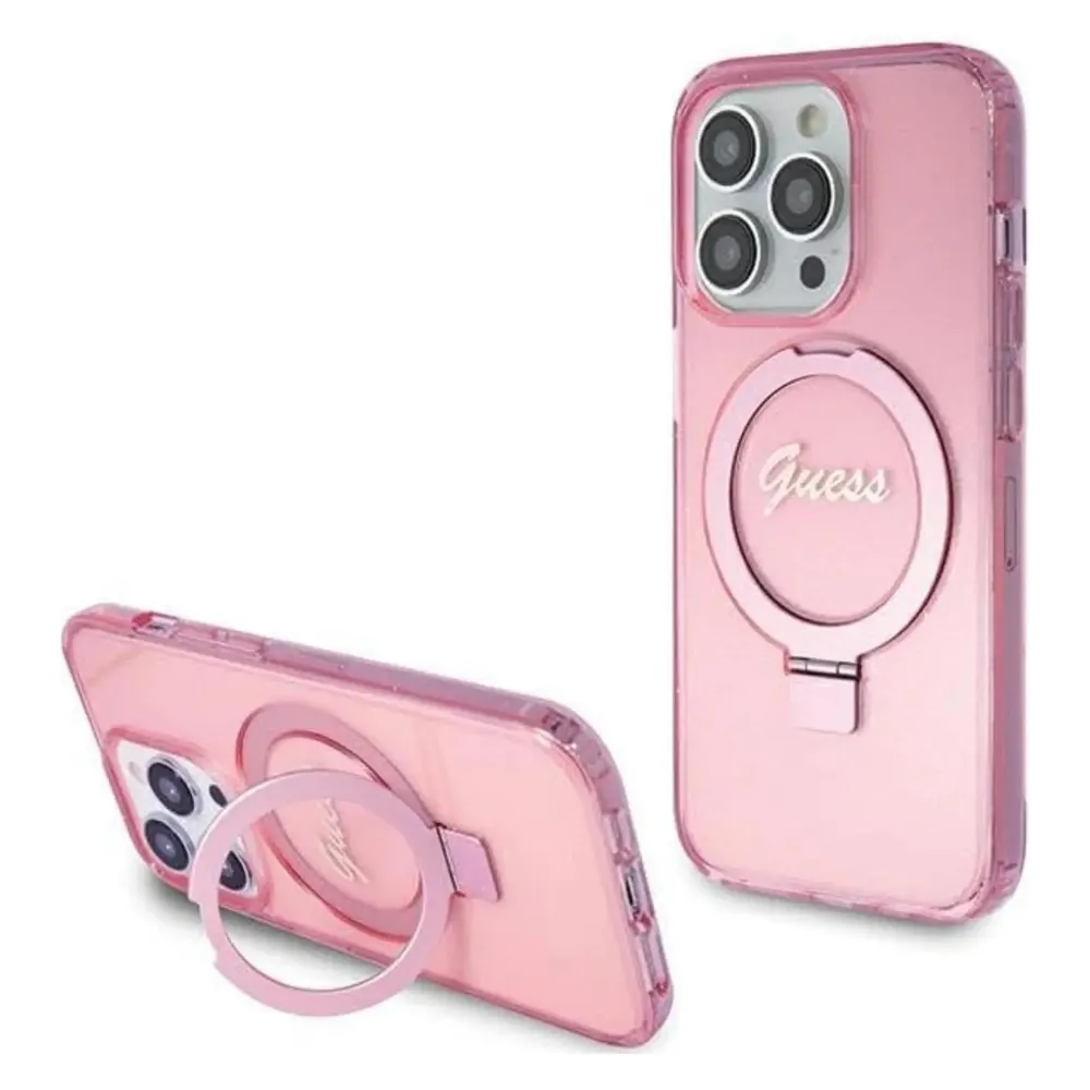 Guess GUHMP15LHRSGSP iPhone 15 Pro 6.1" różowy/pink hardcase Ring Stand Script Glitter MagSafe