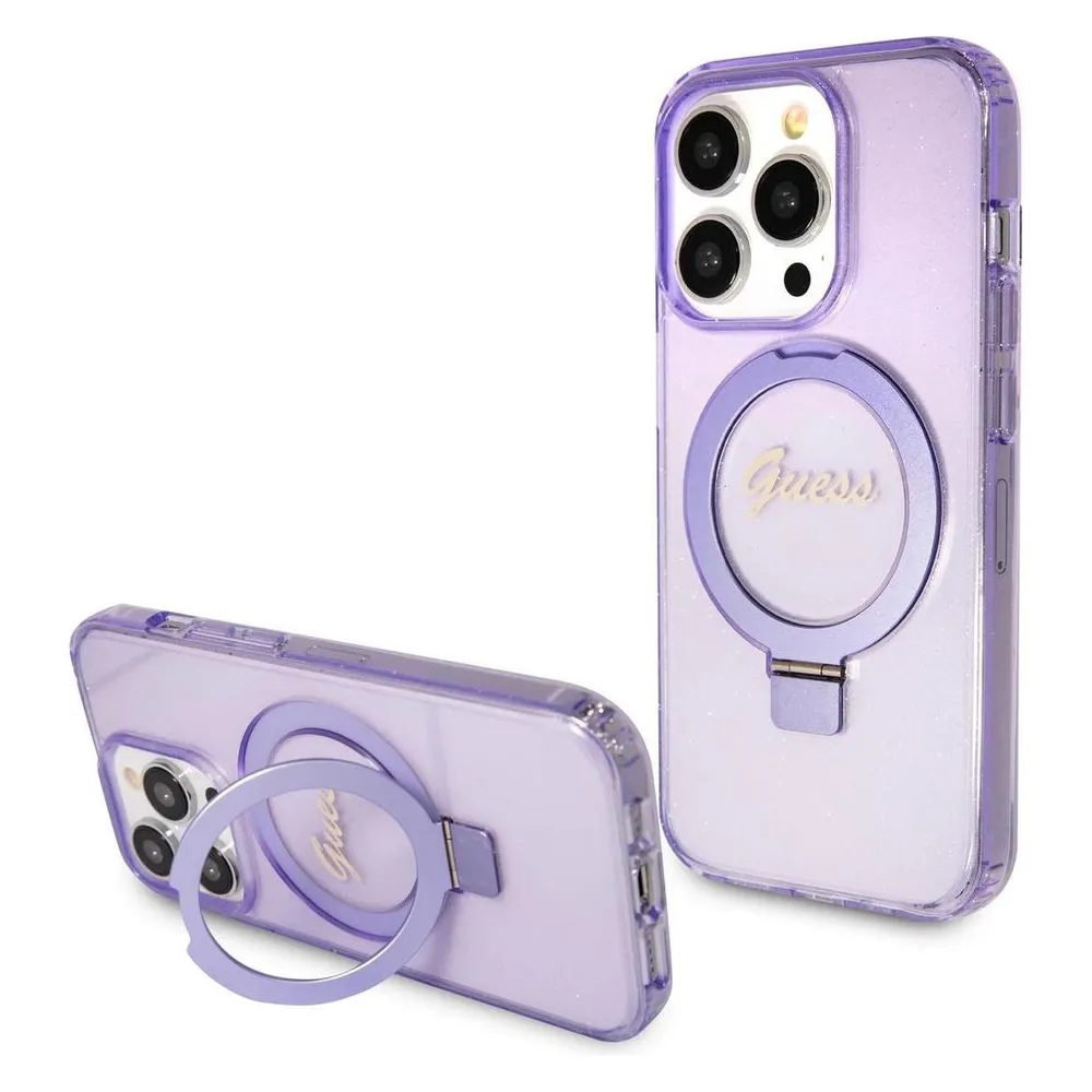 Guess GUHMP15LHRSGSU iPhone 15 Pro 6.1" fioletowy/purple hardcase Ring Stand Script Glitter MagSafe