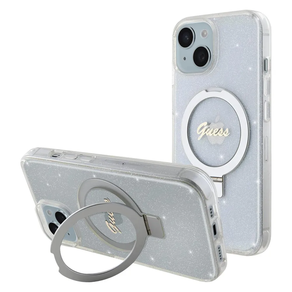 Guess GUHMP15MHRSGSD iPhone 15 Plus 6.7" przezroczysty/transparent hardcase Ring Stand Script Glitte