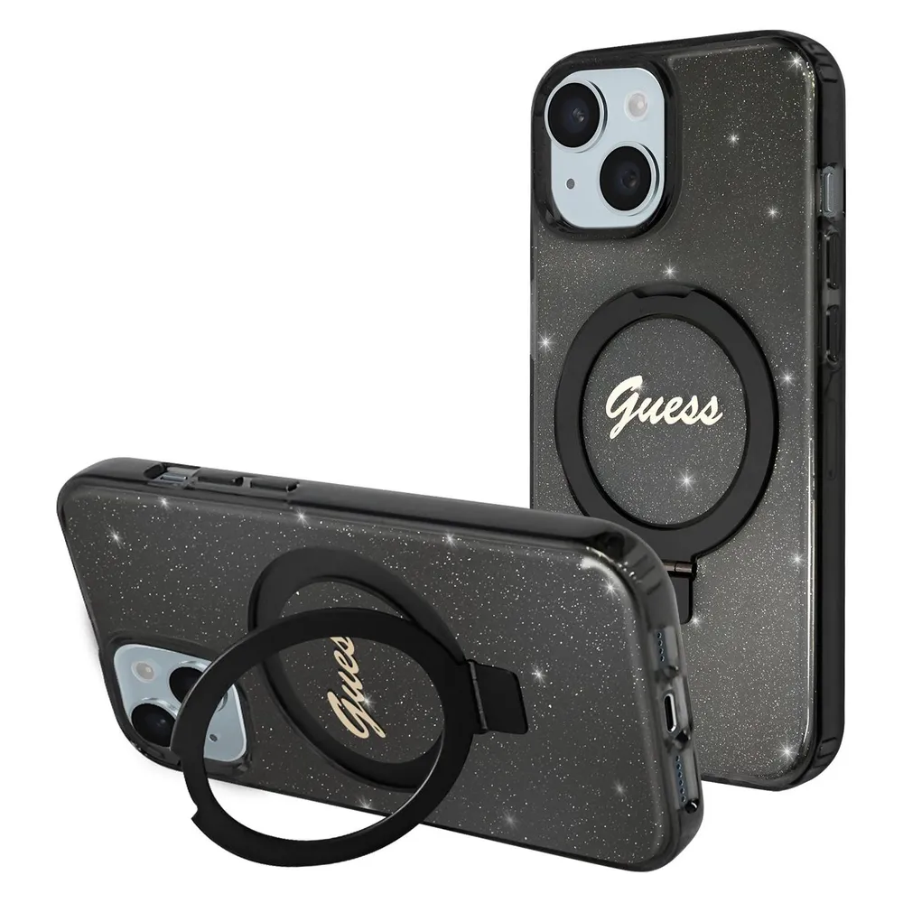 Guess GUHMP15MHRSGSK iPhone 15 Plus 6.7" czarny/black hardcase Ring Stand Script Glitter MagSafe
